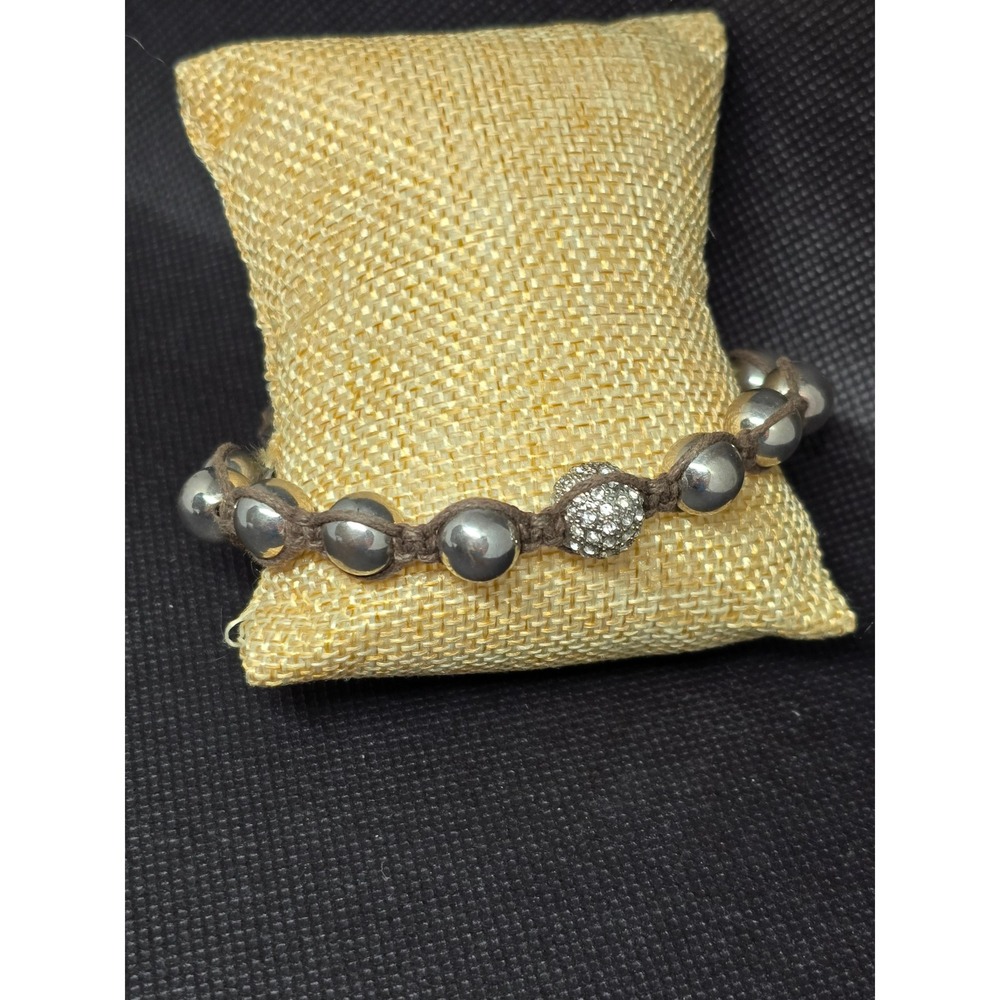 Vintage Estate Boho Metallic Bead Knotted Cord Bracelet Rhinestone‎ Silvertone